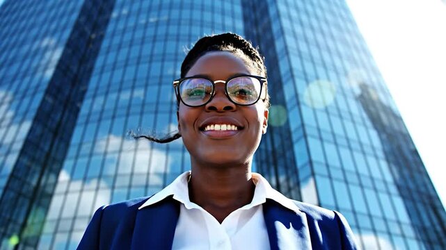 Confident woman in glasses smiles against a backdrop of a modern glass skyscraper