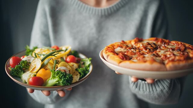 Person holding a healthy vegetable salad in one hand and a cheesy pizza in the other, showing choice between nutritious food and fast food