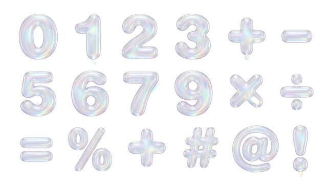 Set of 3D numbers and mathematical symbols variations in iridescent bubble glass style