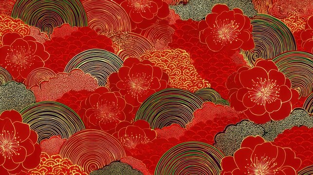 Traditional Japanese pattern background with red camellia flowers and golden wave motifs