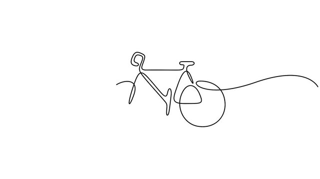 Self animated minimalist, single continuous line art drawing of a bicycle, Single line art bicycle vector illustration, Full length one line art animation