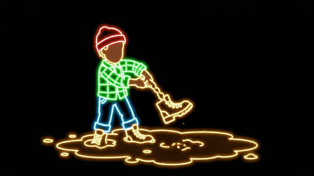 Neon outlined figure splash and dance in dark puddle scene.