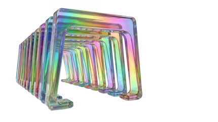 Abstract geometric archway tunnel in holographic iridescent glass style with rainbow color refractions.