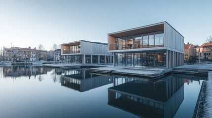 Fototapeta premium Modern Architecture by the Water: Serene Waterfront Buildings