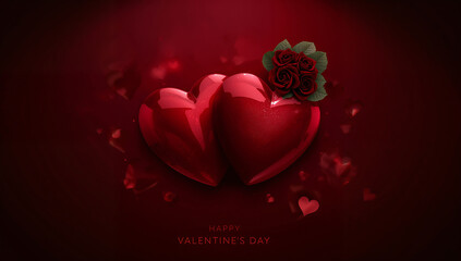 Two large, glossy red hearts sit side-by-side with a small bouquet of red roses and green leaves, set against a dark red, textured background.
