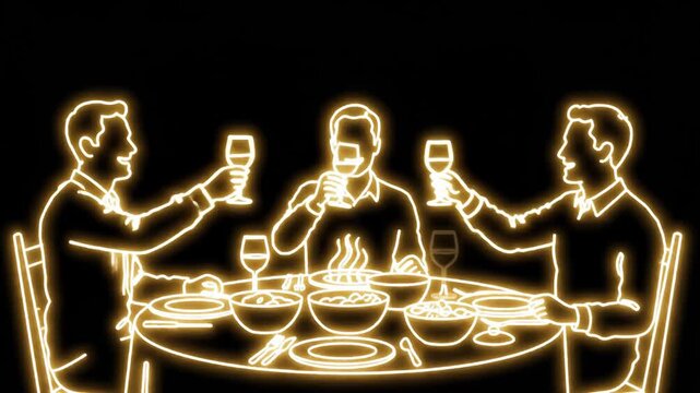 Neon Line Art Dining Scene With Silhouetted Guests.