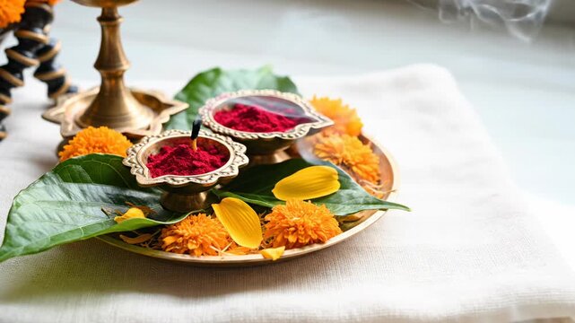 A Traditional Brass Puja Thali With Red Kumkum And Marigold Flowers For Religious Ceremonies And Festivals