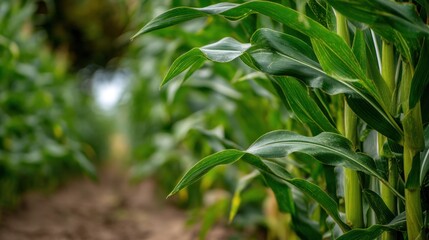 Lush Green Corn Plants Growing Tall in a Row on a Sunny Day with Soft Focus on Leaves and Pathway Between Rows