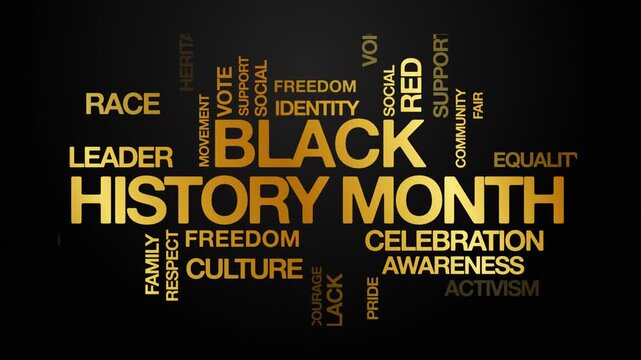 black history month concept Animated Tag Word Cloud kinetic typography, Text Design Animation typography seamless loop video motion graphics Intro Wordart arrangement gold golden type on black bg back