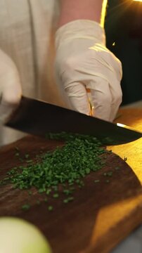 Fresh green onion chopping in modern kitchen