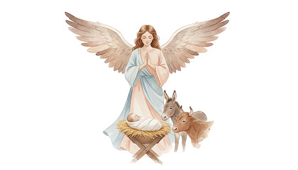 Fototapeta premium Gentle Angel with Wings Praying Over Baby Jesus Manger with Donkey and Cow Watercolor Art