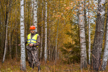 A man, a forest engineer, measures the thickness of trees in a forest.