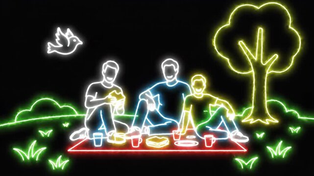 Neon Night Picnic Scene With Family Friends Outdoors.