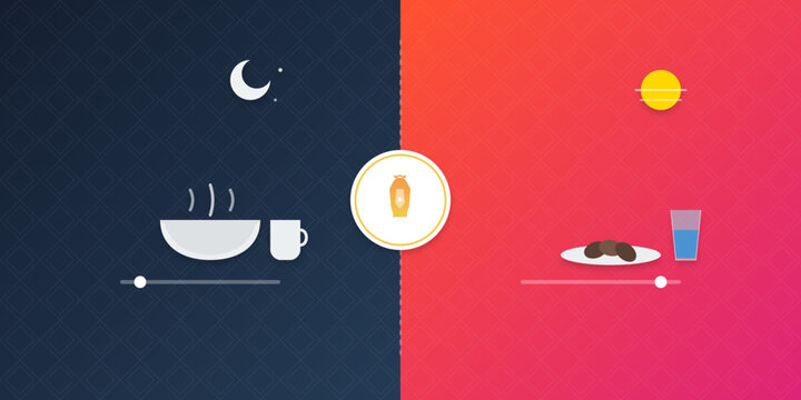 Ramadan Fasting Comparison Infographic with Imsak and Iftar Concept Featuring Night and Day Visual Elements