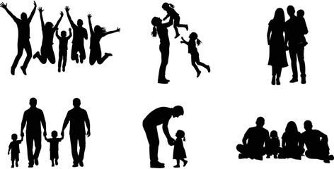 Obraz premium Diverse collection of happy family silhouettes featuring jumping groups, parents with children, couples, and kids playing on white background.