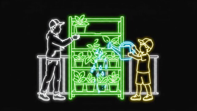 Neon Outlines Of People Interacting With A Vending Display In Dark Studio.