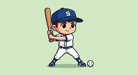 Cute Cartoon Baseball Player Ready to Hit the Ball. © NFS Studio