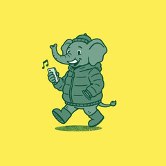 Fototapeta premium Cute Cartoon Elephant Walking and Listening to Music on Smartphone.