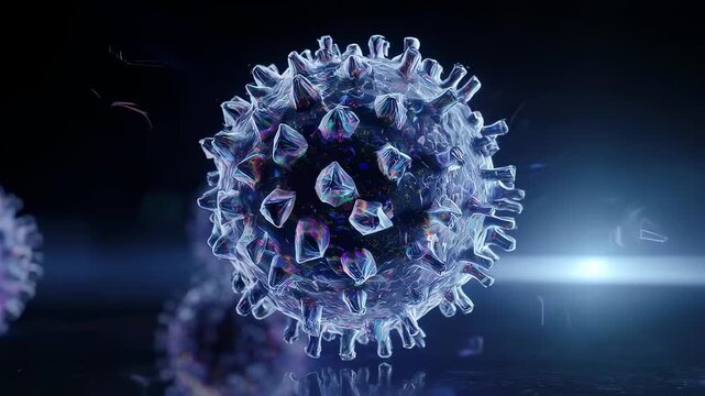 A microscopic view of a virus particle under a scientific microscope with detailed surface structures visible