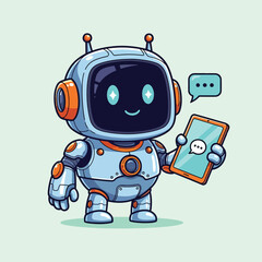 Obraz premium Cute Robot Chatbot Holding Smartphone with Message Icon.