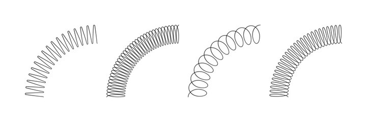 Spiral spring set. Metal wire coil spring icon collection. Thin zigzag round corner symbol. Flexible coil shapes. Loop line pattern. Vector illustration isolated on white background. 
