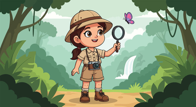 Young Explorer Discovering Butterfly in Lush Jungle with Waterfall.