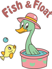 Retro Cartoon Duck and Fish Illustration, Fish and Float Character Design in Pastel Colors