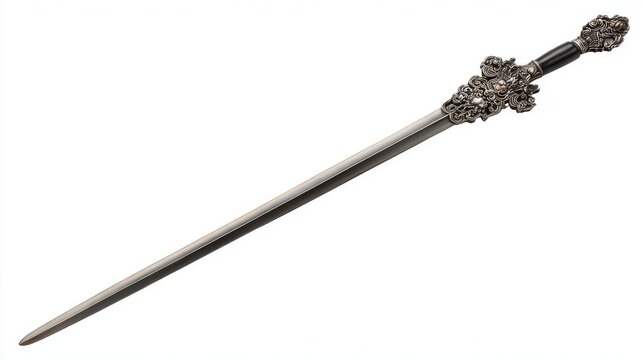 Ornate decorative sword with intricate silver hilt isolated on white background
