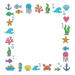 Fototapeta premium Vibrant doodle border featuring charming sea creatures and whimsical ocean elements, perfect for playful design projects
