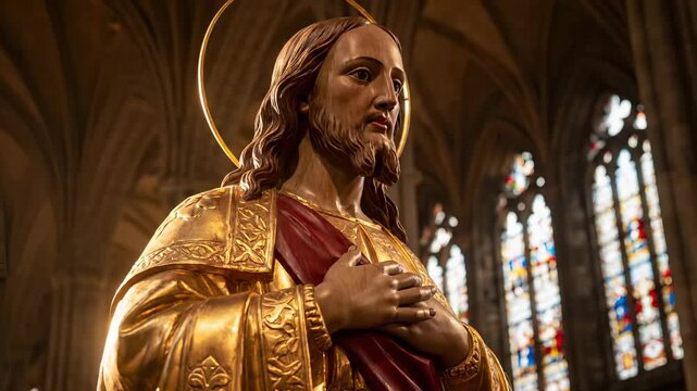 statue of jesus stands in church. hands rest on sculpted chest. stainedglass frames gilt halo and deep red robe. composition highlights representation. interior architecture rises behind figure.