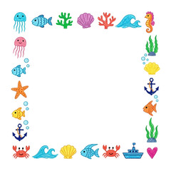 Fototapeta premium Vibrant collection of cheerful sea creatures and ocean elements forming a playful decorative border frame for creative projects and invitations