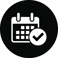 Calendar schedule icon with checkmark for event planning reminder and task management in minimal black and white design for business meetings appointment organization and project timeline scheduling c