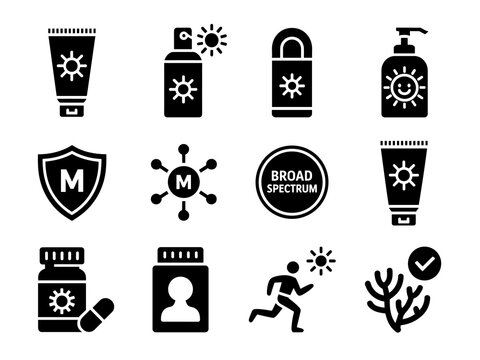 Sunscreen protection icons set providing broad spectrum defense for healthy skin health while enjoying outdoor activities under the sun with moisturizer and sunblock for skin cancer awareness and prev