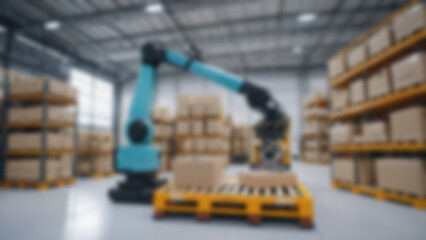 Fototapeta premium Blurred background of AI-driven robotic palletizing system stacking products with mathematical precision, clean logistics automation background, daytime, bright even lighting.