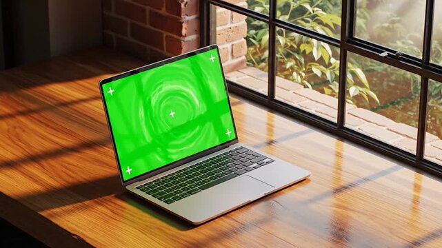 A laptop with a green screen sits on a wooden table next to a window