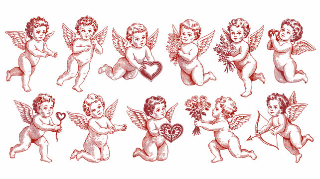 Vintage cherub angels set delivering love messages and valentine gifts antique style illustrations for wedding invitations romantic decoration projects vector drawing of winged cupid characters for ho