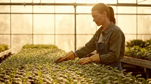 woman farmer tend seedling inside greenhouse. inspect guides plant care and propagation. commercial production supports retail wholesale distribution. sustainable methods increase growth rate.
