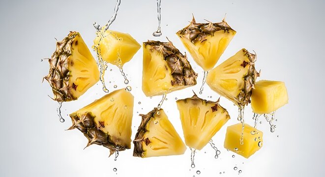 Freshly cut pineapple chunks suspended mid-air with clear water splashing dynamically around the vibrant yellow tropical fruit pieces.