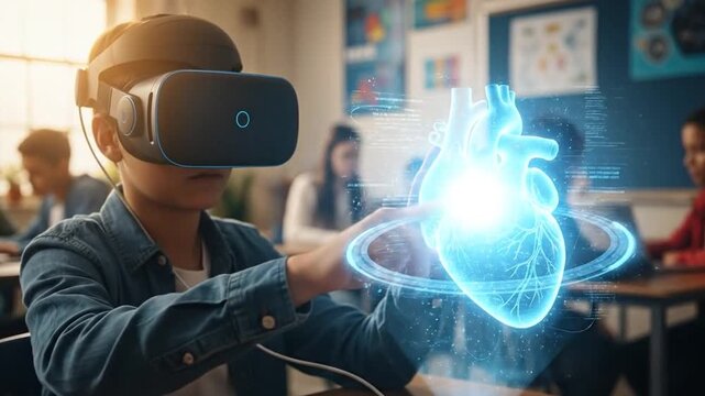 Student in VR Headset Interacting with Blue AI Hologram in Classroom
