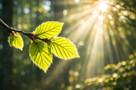 Macro of backlit new spring leaves on a branch. Sunbeams through forest create god-rays. Translucent, vibrant details. Magical morning light.