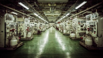 Expansive Industrial Factory Hallway with Rows of Automated Machinery and Intricate Systems