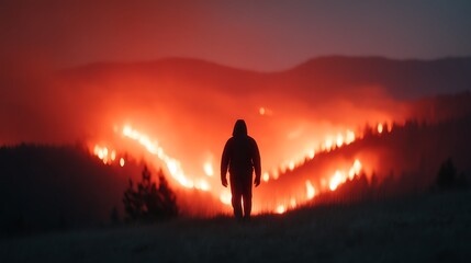 Obraz premium A silhouette of a person stands before a vast wildfire, illuminating the night sky with flames and smoke against a mountainous backdrop.