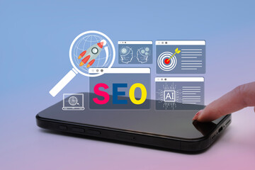 Mobile SEO and AI Optimization Dashboard on Smartphone with Rocket and Target Icons