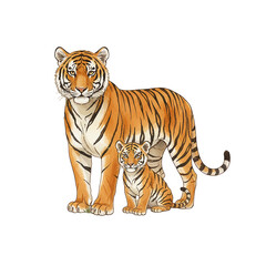 Obraz premium Majestic adult tiger standing with an adorable cub sitting beside it watercolor illustration