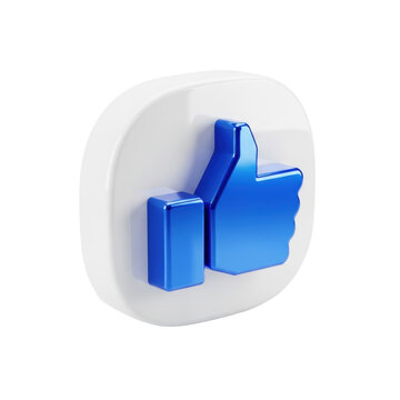massive high-gloss white social media notification icon with vibrant electric blue chrome thumbs-up, isolated on a transparent infinity studio background, extreme close-up. concept of digital