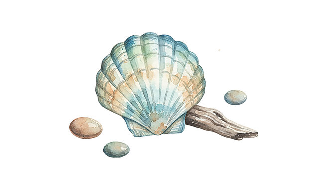 Watercolor Scallop Seashell with Driftwood and Pebbles Marine Theme Illustration with Paint Splatters