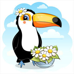 Obraz premium Cute cartoon Toucan with flower pot. Vector illustration of animal on blue background with clouds.