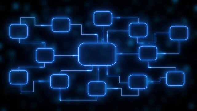 A digital flowchart or mind map diagram with interconnected rounded rectangular nodes and connecting lines glowing with bright neon blue light against a dark blurred background with bokeh effect