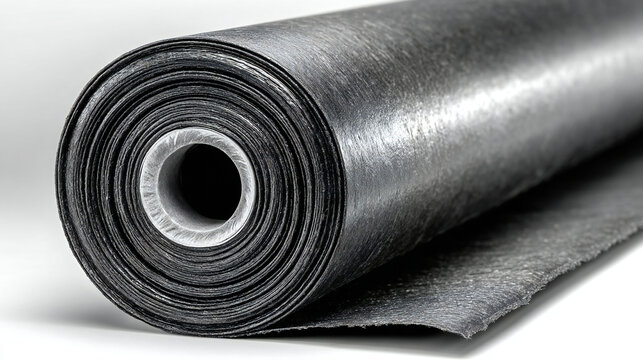 Close-up view of a roll of black geotextile fabric on a white background. A tightly rolled spool of dark grey non-woven geotextile material, showcasing its textured surface and industrial application 