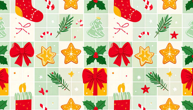 Hand-drawn vintage Christmas seamless pattern with modern mosaic style, playful and festive holiday background.
